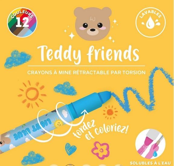 Set de 12 Crayons Gras Rotatifs - Teddy Friends