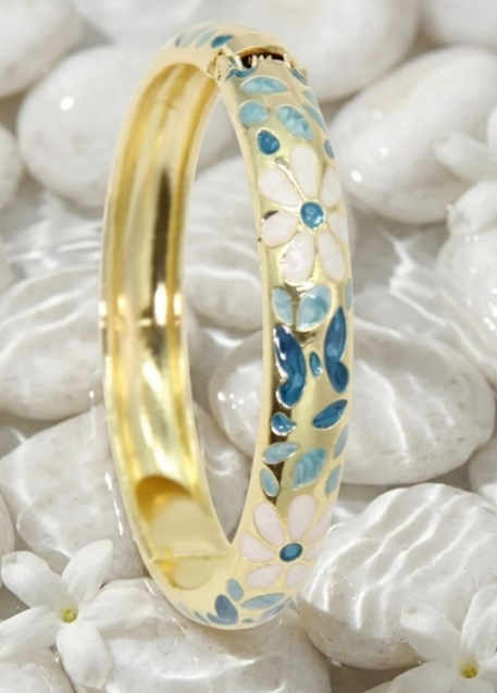 BRACELET JONC THAILANDAIS BLEU FLEURI